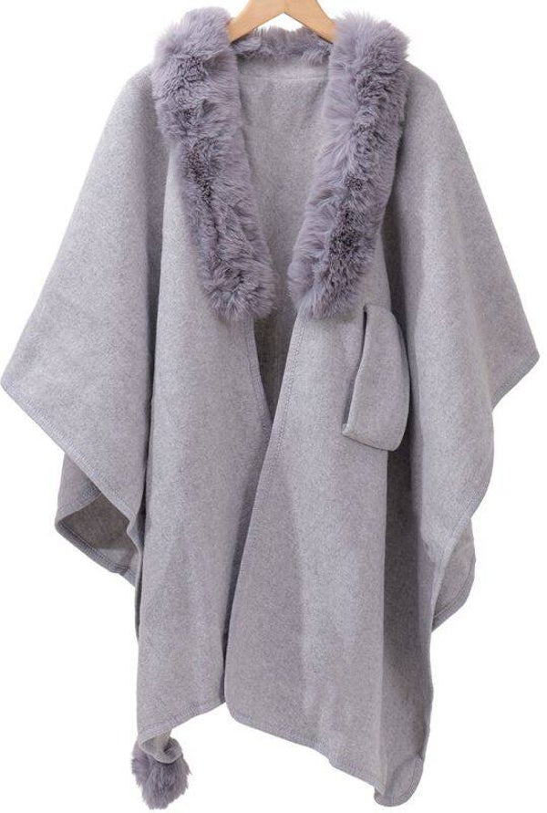 Cape col fourrure synthétique - Gris claire