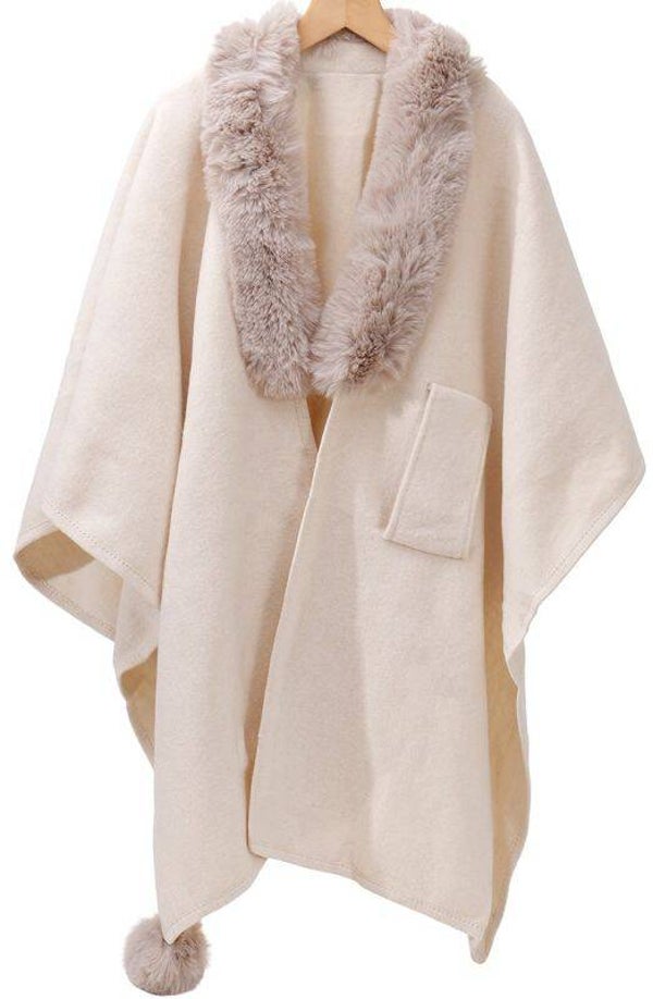 Cape col fourrure synthétique - Beige