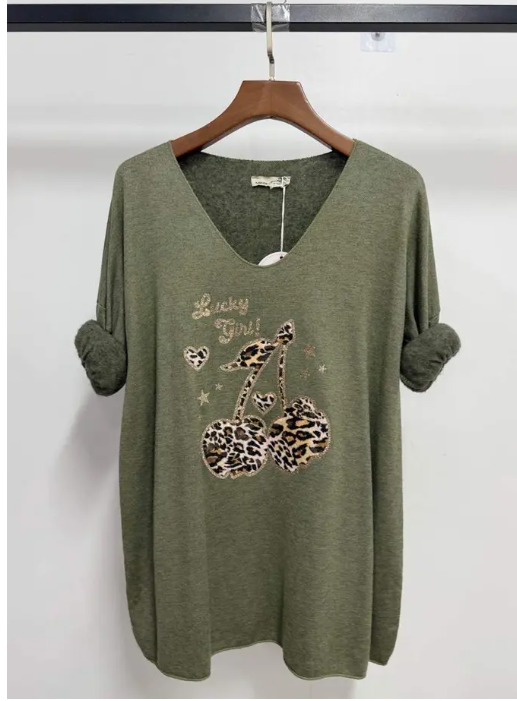 Pull col V - Cerises - Kaki