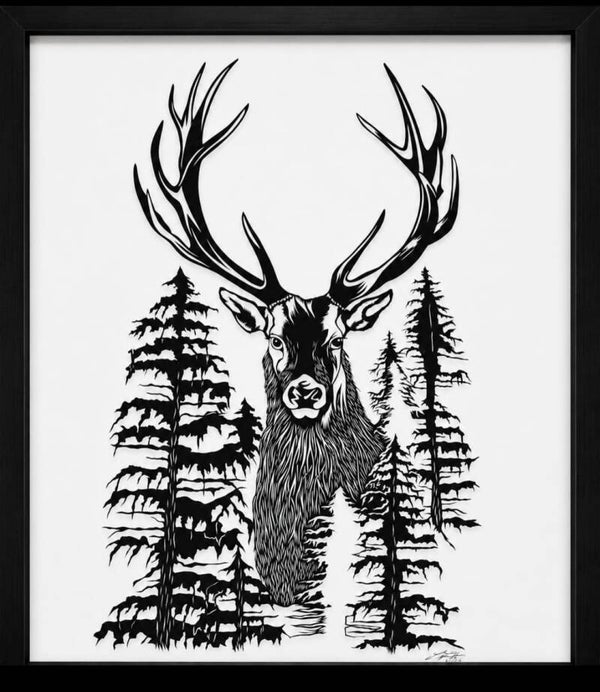 Original Scherenschnitt "Hirsch im Wald"