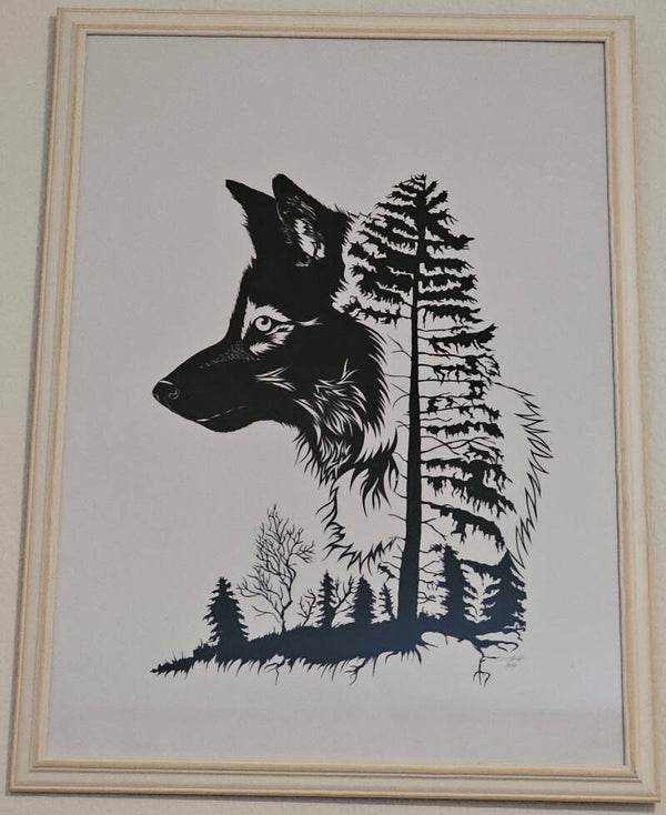 Original Scherenschnitt: "Wolf im Wald"
