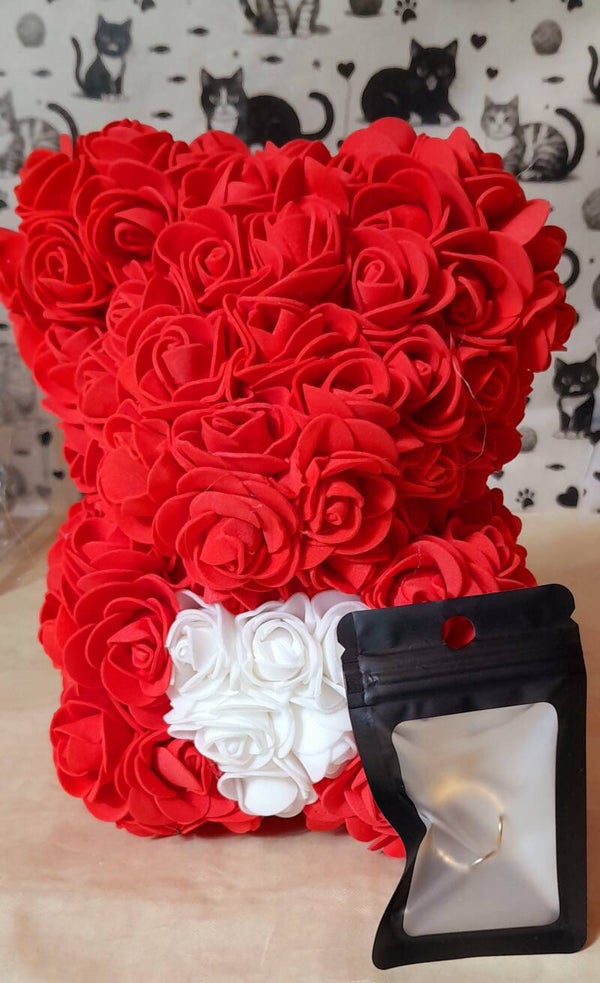 Ourson roses rouge avec bague "cœur"
