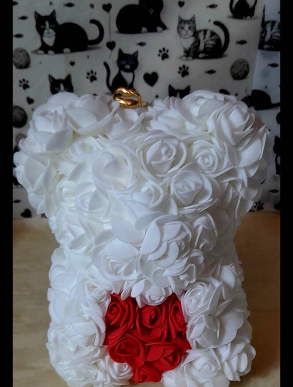 Ourson roses blanches avec bague "Bisou"