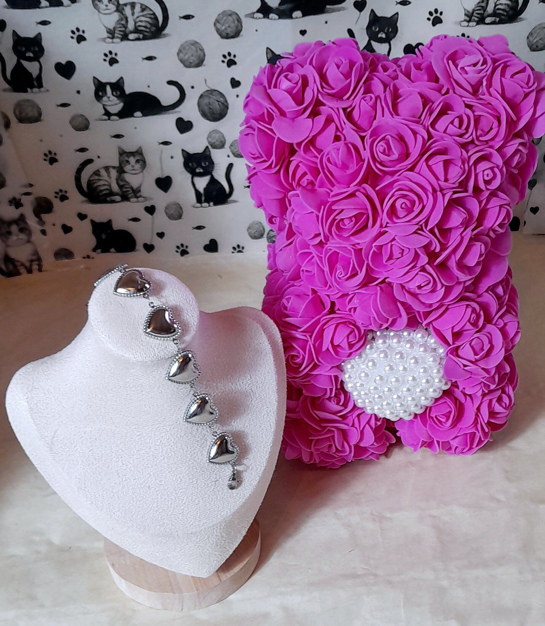 Ourson roses fushia avec bracelet coeur