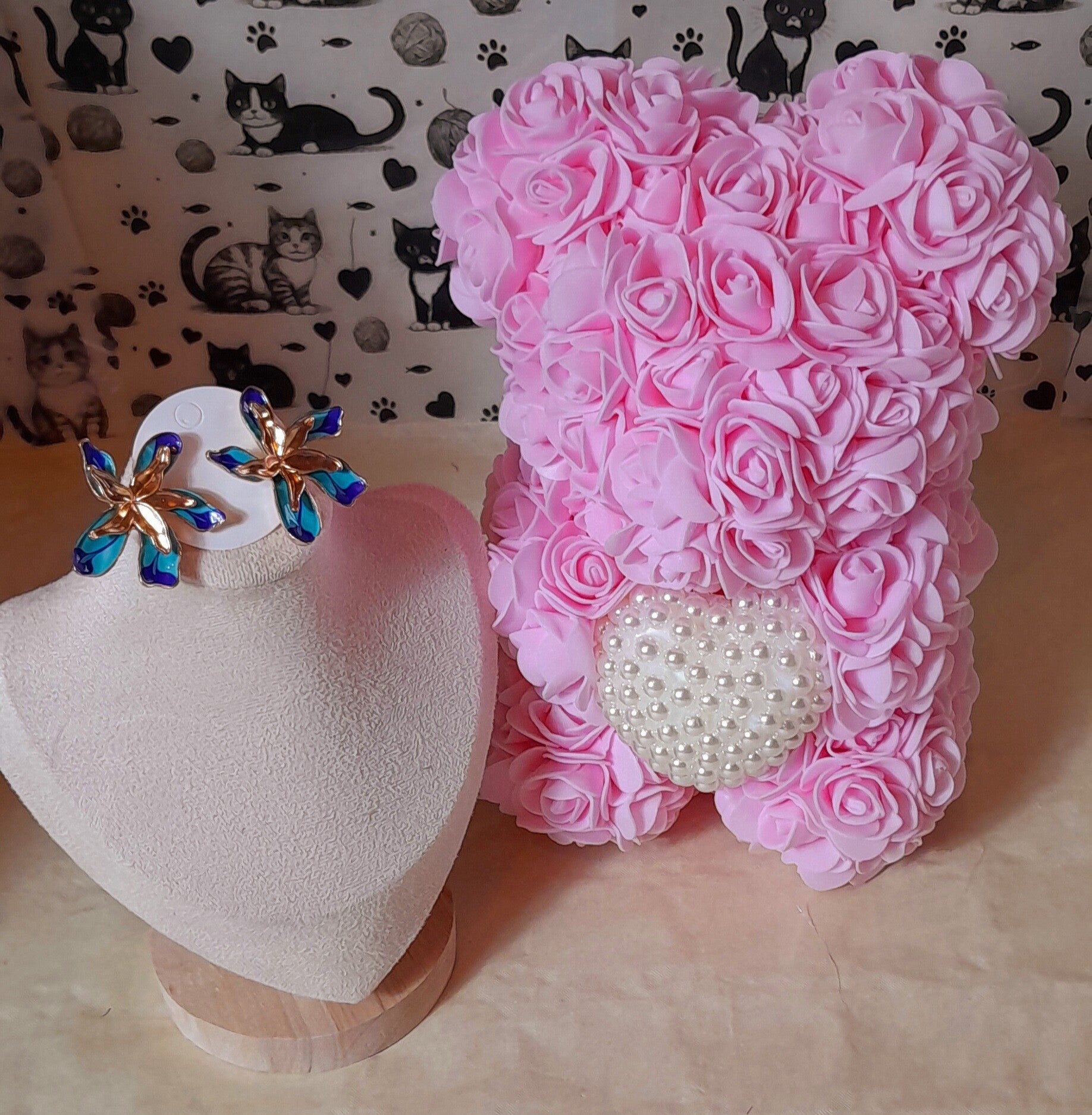 Ourson rose avec paire de boucle d'oreilles