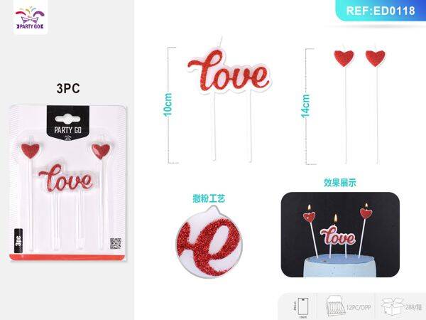 Kaarsenset – "Love" met hartjes – Rood glitter – 3 stuks – 7.5×11 cm JHPLZ