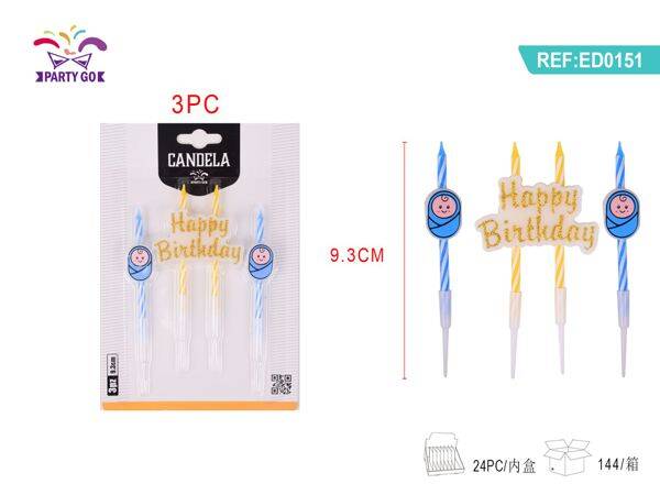 Kaarsenset – "Happy Birthday" Baby – Glitter – 3 stuks – 9.3 cm JHPLZ