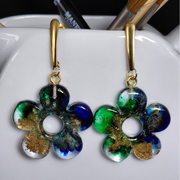 Fleurs bleu verte or