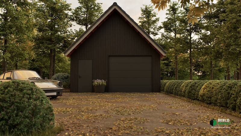 Exterieurvisualisatie van een houten garage inclusief auto.