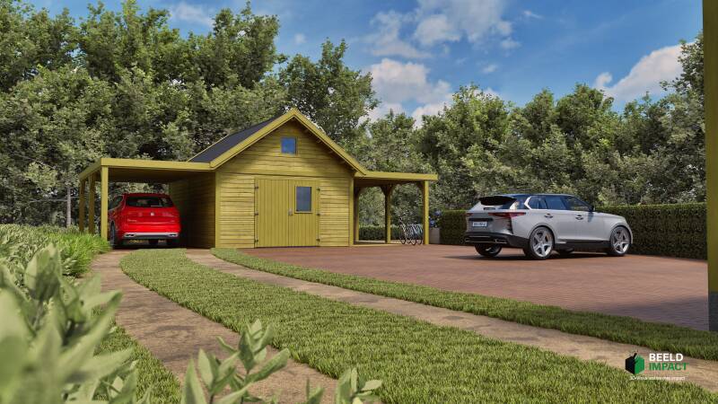 3D-visualisatie van een houten carport, overkapping & schuur.