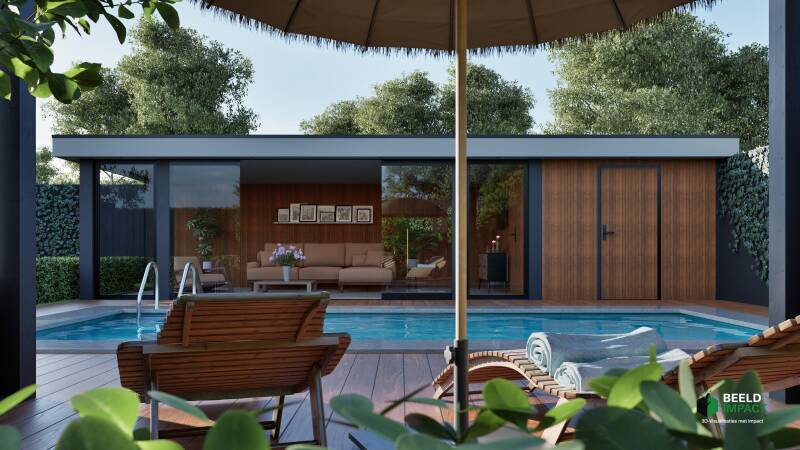 3D-visualisatie van een luxe poolhouse met ligbedden.