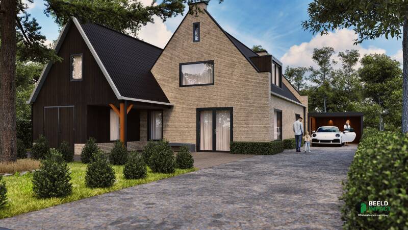 Architectuurvisualisatie van vrijstaande moderne woning met oprit.