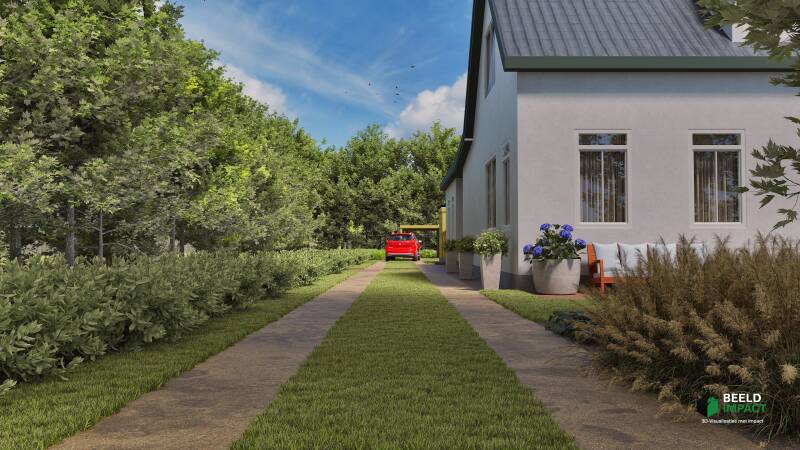 Architectuurvisualisatie van een landelijke oprit.