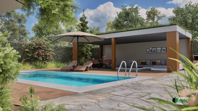 3D-visualisatie van een moderne poolhouse.