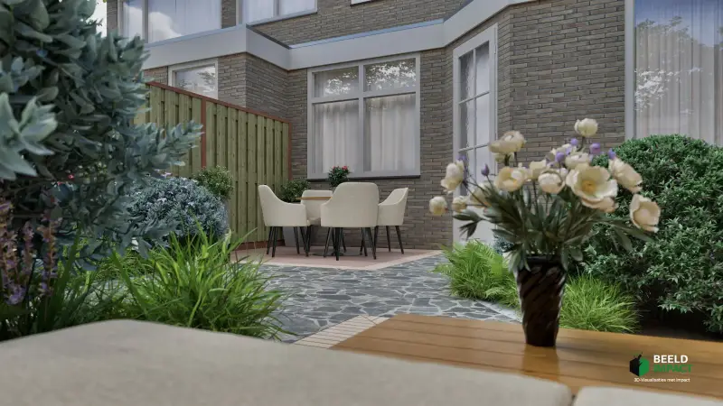 Modern stadstuinontwerp met zithoek..