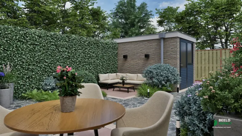 Stadstuinontwerp in 3D met zithoeken en beplanting.