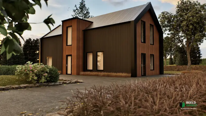 3D-visualisatie van een Nordic Style houten woning.