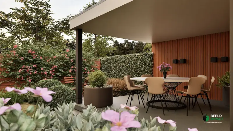 Luxe 3D-tuinontwerp met focus op een houten buitenverblijf met een terras met eethoek.