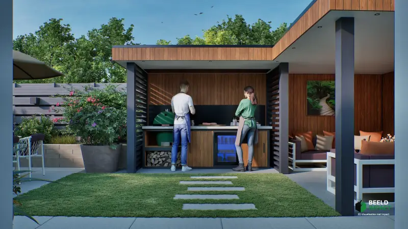 Realistische 3D-impressie van een moderne kleine tuin met een luxe houten overkapping inclusief een ingebouwde buitenkeuken met kamado barbecue en koelkast.