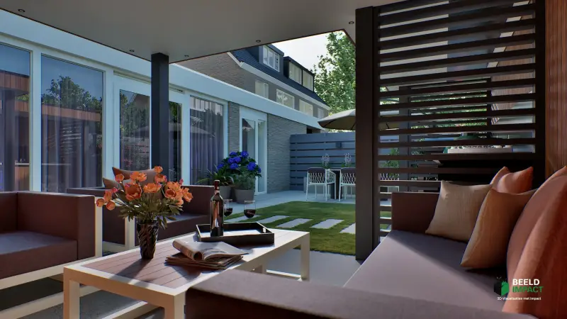 Professionele 3D-visualisatie van een complete moderne tuin met gazon, staptegels en een luxe houten buitenverblijf.