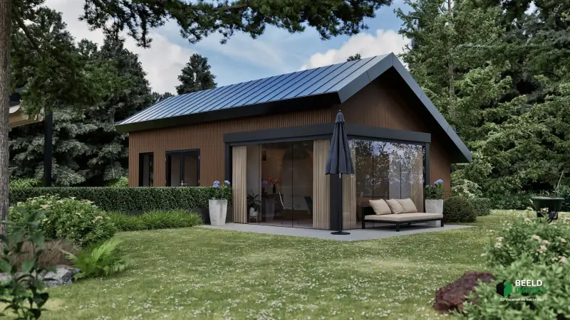Modern 3D-ontwerp van een exclusief houten bijgebouw of luxe tuinkantoor met verticale gevelbekleding in een bosrijke omgeving.