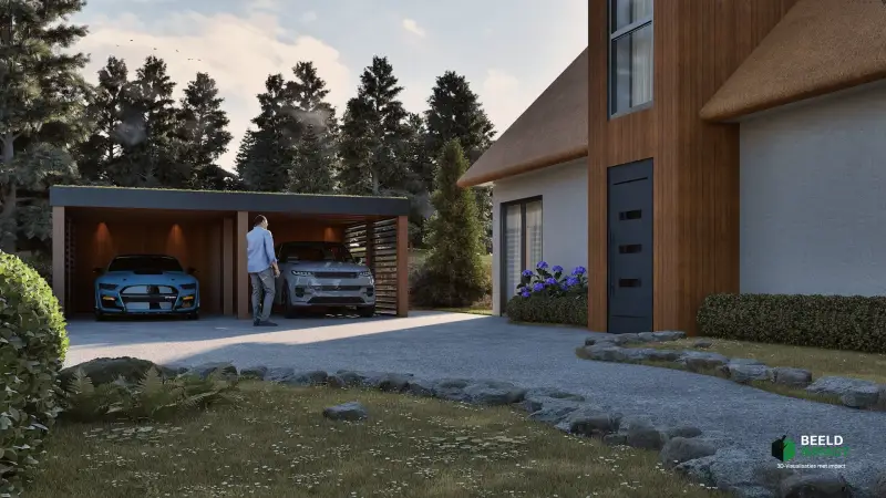 Realistische 3D-impressie van een moderne rietgedekte villa met exclusieve architectuur, een strakke witte gevel en een vrijstaande houten carport op de oprit.
