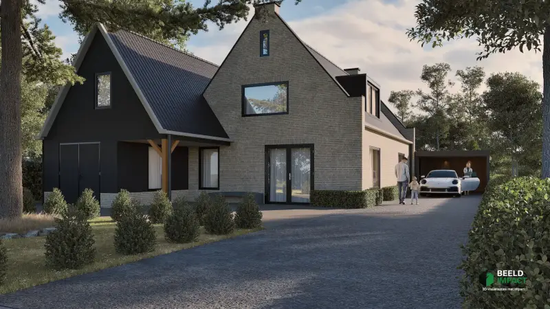 Exclusieve 3D-impressie van een moderne schuurwoning met een gecombineerde gevel van metselwerk en zwart hout, inclusief een lange oprit met carport en een witte sportwagen
