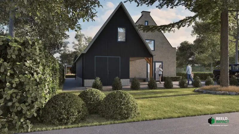 Professioneel 3D-visualisatie van een luxe vrijstaande villa met een modern lijnenspel en grote raampartijen, ontworpen voor exclusieve woningbouw.