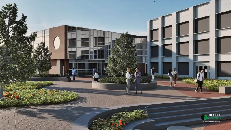 Realistische 3D-impressie van een modern ontworpen schoolplein met ronde, verhoogde plantenbakken, zitranden en bestrating voor een hedendaags schoolgebouw.