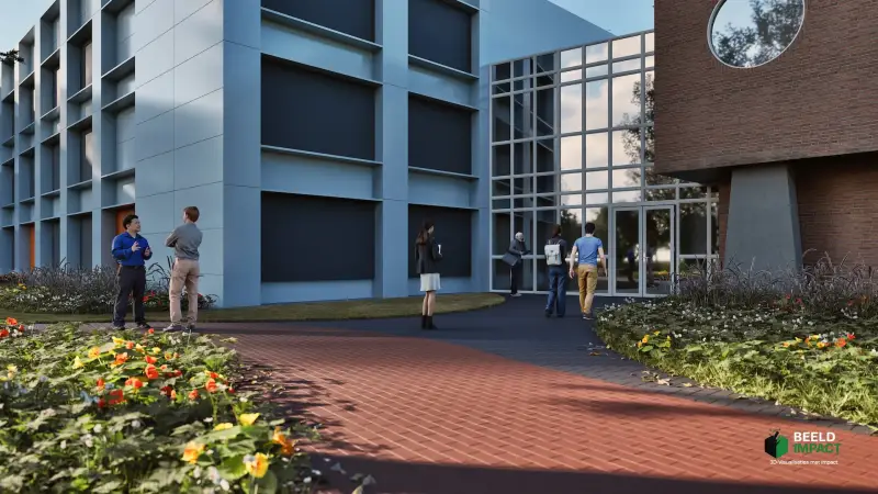 Modern 3D-ontwerp van de hoofdentree van een onderwijsinstelling.
