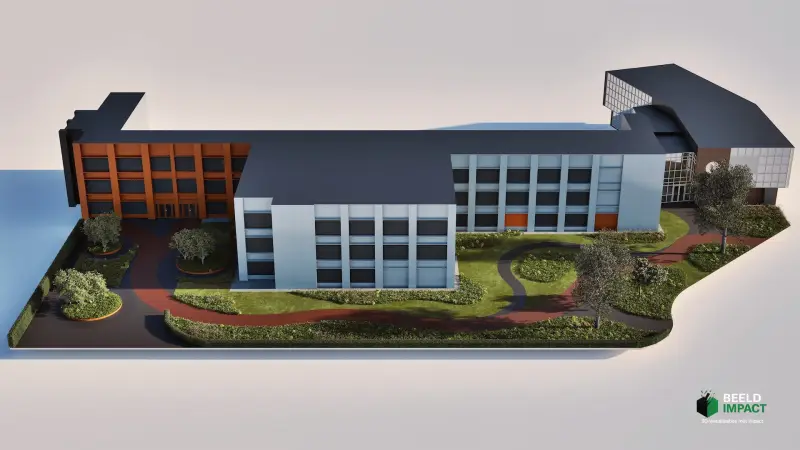 Professionele 3D-visualisatie van het complete buitenterrein van een schoolplein en schoolcomplex.