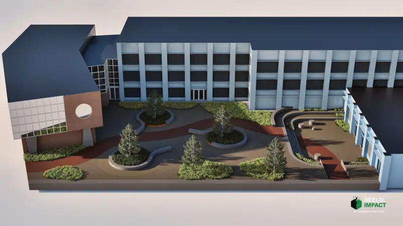 Ruimtelijk 3D-ontwerp van een multifunctioneel schoolplein met een strak lijnenspel en moderne architectonische ele