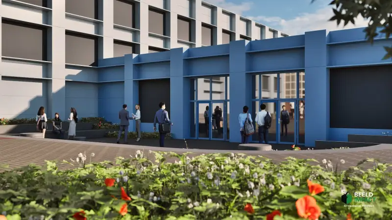 3D impressie van entree van schoolgebouw.