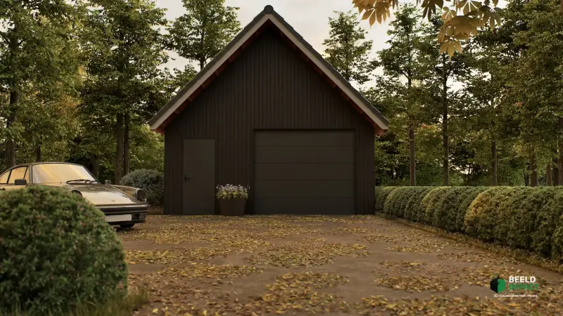 Ruimtelijke 3D-impressie van het complete zwarte bijgebouw, prachtig geïntegreerd in een groene tuinomgeving.