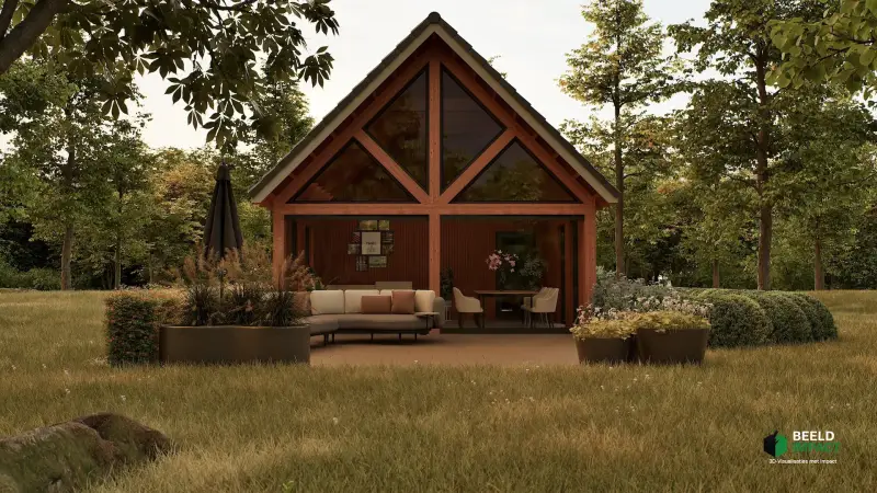 Modern 3D-ontwerp van het loungegedeelte van het houten buitenverblijf, ontworpen als sfeervolle zithoek in de tuin.