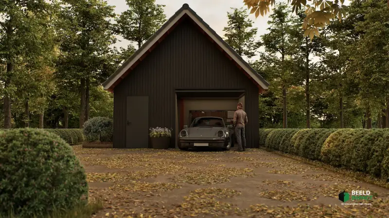 Realistische 3D-impressie van een vrijstaande zwarte houten garage met een overheaddeur en puntdak, gelegen in een bosrijke omgeving met herfstbladeren en een klassieke auto.