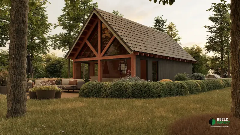 3D-visualisatie van de binnenzijde van de moderne houten schuur en buitenverblijf in een groene omgeving.