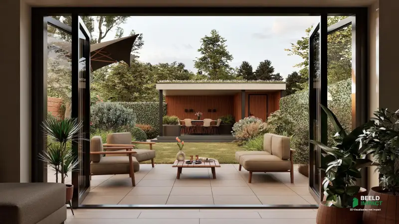 Realistische 3D-impressie van een modern tuinontwerp, gezien vanuit een woning door geopende puien naar een terras met loungeset en een houten buitenverblijf achterin de tuin.