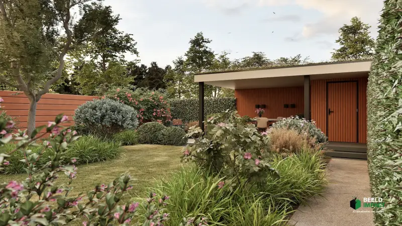 Ruimtelijk 3D-ontwerp van een complete achtertuin met weelderige groenvoorziening en houten buitenverblijf.