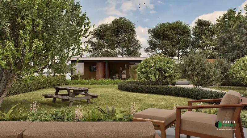 Realistische 3D-impressie van een grote groene tuin met een strak gazon, een houten picknicktafel en een modern buitenverblijf met verticale houten latten achterin.