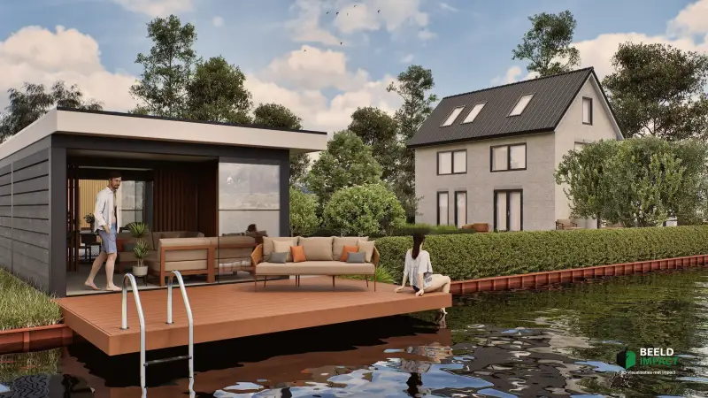 Luxe 3D-tuinontwerp van een houten buitenverblijf met terras, direct gelegen aan het water met een vlonderterras.