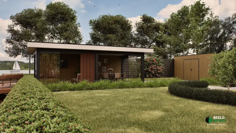 Prachtig 3D-totaaloverzicht van de landschapsarchitectuur van een grote achtertuin met gazon, terrassen en een exclusief bijgebouw.