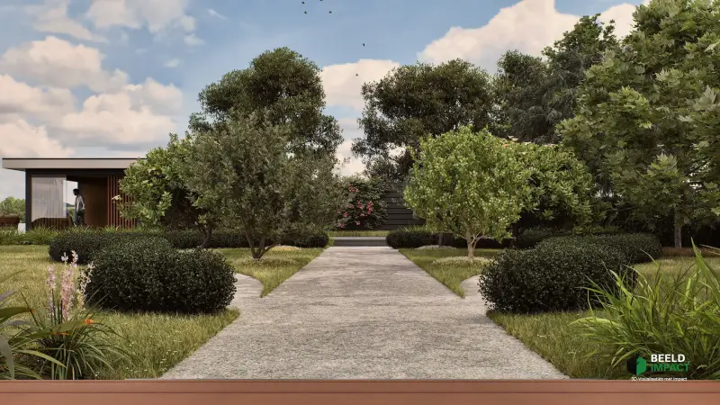 Ruimtelijke 3D-visualisatie van de weelderige groenvoorziening, borders en organisch gevormde hagen in een luxe designtuin.