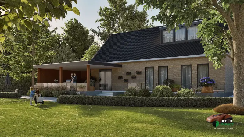 Realistische 3D-impressie van een modern tuinontwerp met een groot gazon, een automatische robotmaaier en een sfeervolle houten veranda aan een luxe gezinswoning.