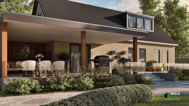 Modern 3D-ontwerp van het terras onder de luxe houten overkapping, ingericht voor comfortabel buitenleven met zicht op de designtuin.