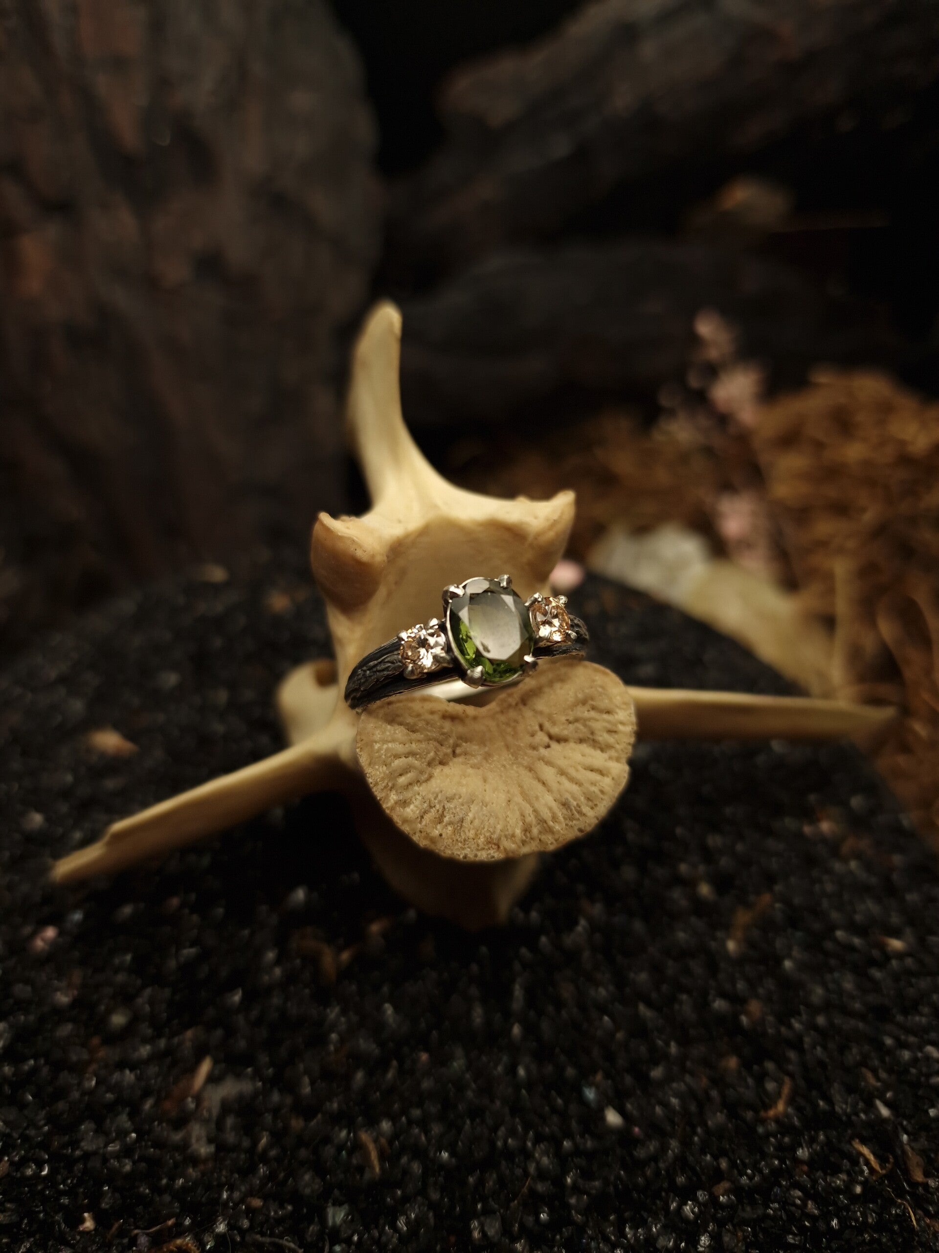 Meteora Ring | size 21 | Moldavite & Champagne zirconia | curiosity cabinet