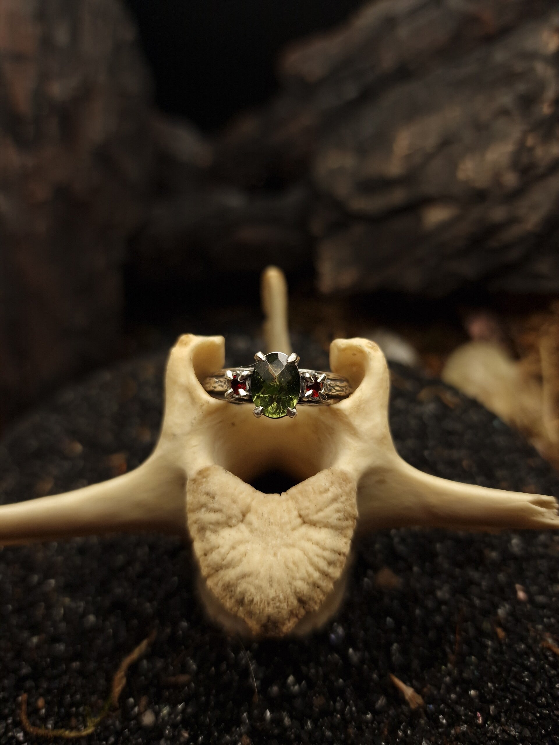 Bloody Meteora Ring | size 19 | Moldavite & Garnet | curiosity cabinet