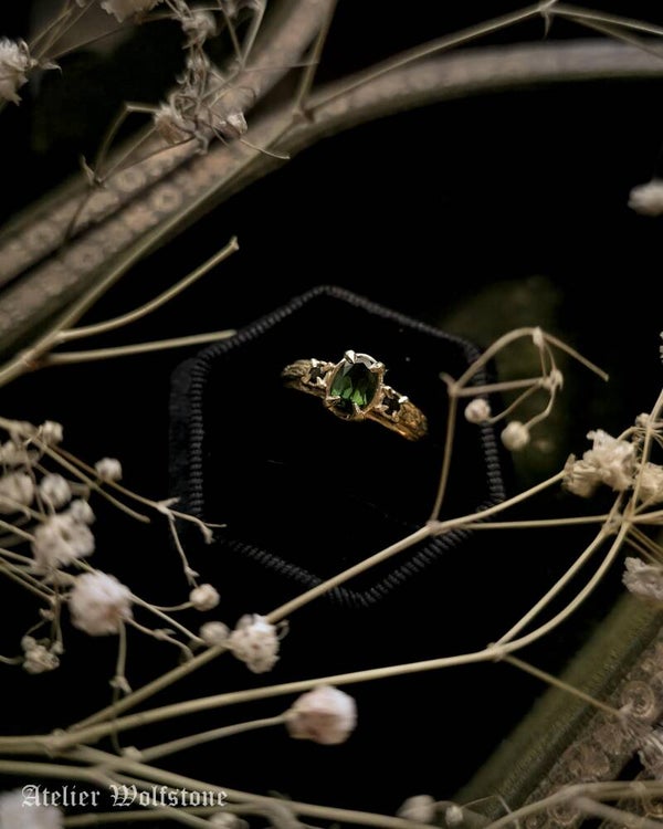 Trias Deae Verde | 14K Gold | One of a Kind Ring | A+ quality green tourmaline & black sapphire | Size 18 | The Heirloom Vault