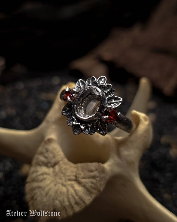 The Bloody Moon Shrine | One of a Kind Ring | size 20 | garnet & clear quartz | Curiosity Cabinet
