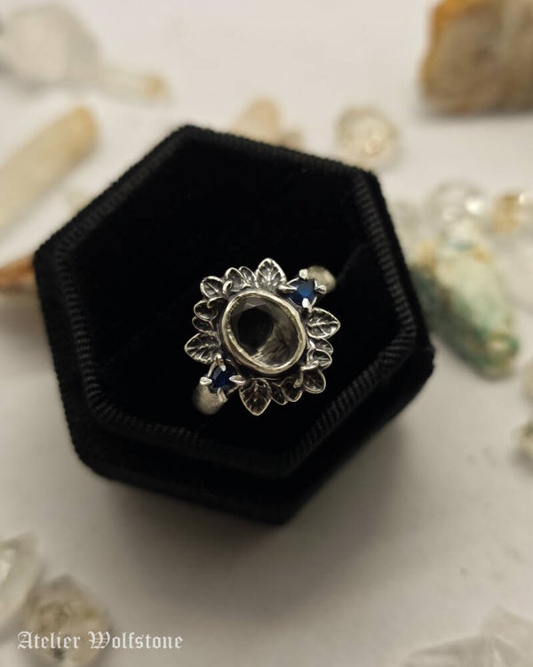 The Dark Moon Shrine | One of a Kind Ring | size 18 | blue sapphire & clear quartz | Curiosity Cabinet